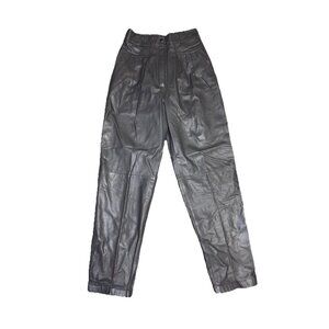 VINTAGE Womens Gray Leather Pants Trousers High Waist Pleated Career Goth 26x29